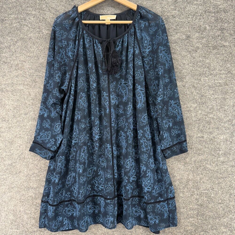 Michael Kors Dress Women M Medium Black Paisley Shift Short Tasseled Long Sleeve